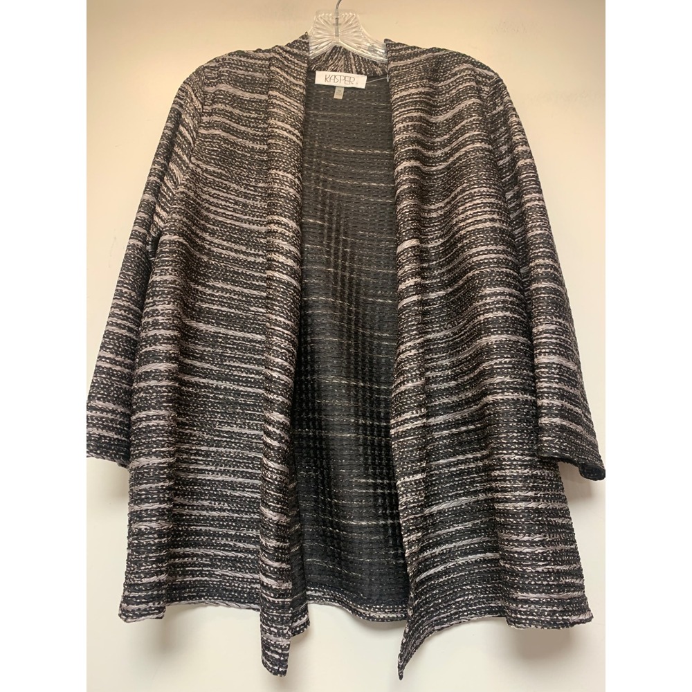 Kasper Cardigan & Shell Set Womens PM PL Black Silver Metallic Textured Stripe